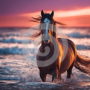 AI generated illustration of a horse galloping through sunset-lit water on a beach