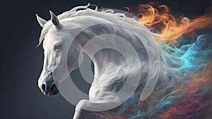 AI generated illustration of a horse in motion, emitting a vivid rainbow-hued smoke trail