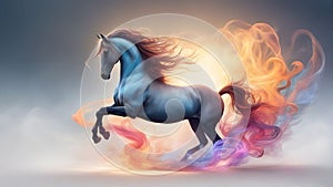 AI generated illustration of a horse in motion, emitting a vivid rainbow-hued smoke trail