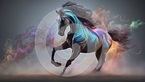 AI generated illustration of a horse in motion, emitting a vivid rainbow-hued smoke trail