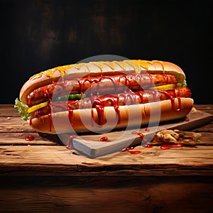 AI generated illustration of a hot dog encased in a bun, topped with a generous portion of ketchup