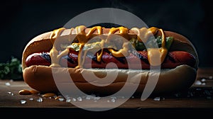 AI generated illustration of a hot dog served with sauces