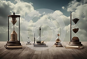 AI generated illustration of hourglasses placed upon a stack of books, illuminated by a cloudy sky