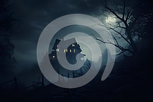 AI-generated illustration of a house on the hill in a misty night