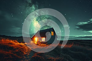 AI generated illustration of a house illuminated by green lights under a starry night sky