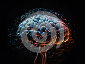 AI generated illustration of a human brain with a glowing light emanating from the center