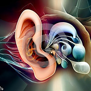 AI generated illustration of a human ear, with various components of inner, middle, and outer ear