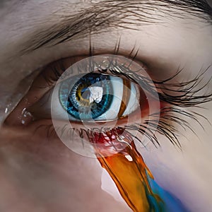 AI generated illustration of a human eye with a single tear streaming down the cheek
