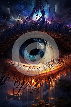 AI generated illustration of a human eye, surrounded by a backdrop of a night sky filled with stars