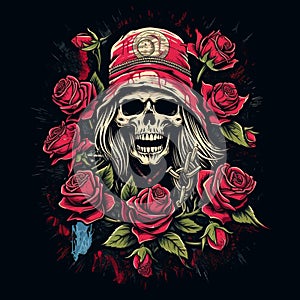 AI generated illustration of a human skull with roses on a dark background