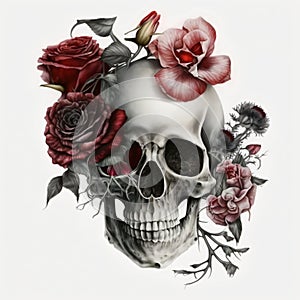 AI-generated illustration of a human skull and roses on a white background.