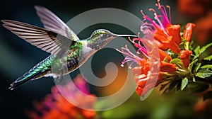 AI generated illustration of a hummingbird in flight near some pink flowers
