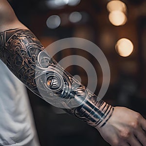 AI generated illustration of a hyper-realistic tattoo design of a biomechanical arm