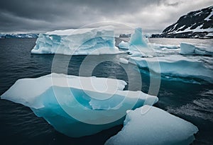 AI-generated illustration of icebergs floating near a rocky shoreline in the ocean on a cloudy day