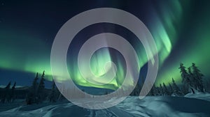AI generated illustration of an idyllic winter with glowing aurora borealis in the night sky