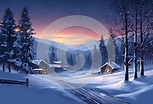 AI generated illustration of an idyllic winter scene featuring two houses in the foreground