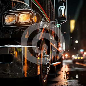 AI generated illustration of an illuminated big rig truck driving at night in the city