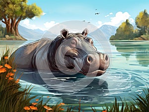 Hippo in lake