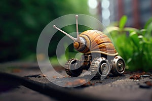 AI generated illustration of an imaginary robotic snail with wheels atop a bed of lush green foliage