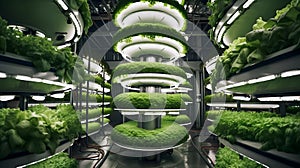AI-generated illustration of an innovative vertical farm with LED lights and planters.