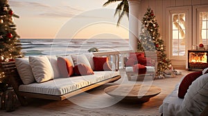 a living room with christmas decorations on the windowsills photo