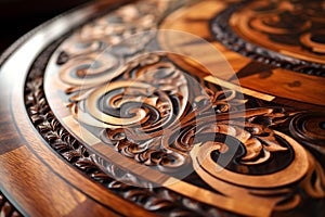 AI-generated illustration of intricate swirl wood carving on a round tabletop