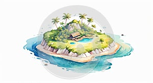 AI generated illustration of an isometric island with palm trees and a small island