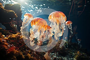 AI generated illustration of jellyfish swimming in the ocean near a large rock formation