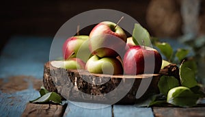 AI generated illustration of juicy red and green apples on a wooden log