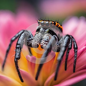 AI-generated illustration of a jumping spider on a vibrant flower with blurred background