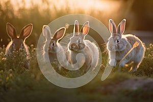AI generated illustration of juvenile rabbits standing in a grassy meadow with a sunlit sky