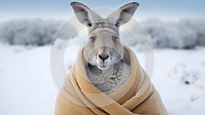 AI generated illustration of kangaroo snuggled in a cozy blanket amidst snow