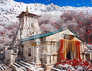 AI generated illustration of Kedarnath Dham temple snowing and falling flowers