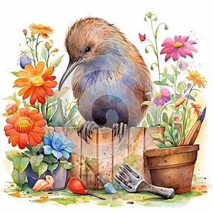 AI generated illustration of a Kiwi tinkering in its garden