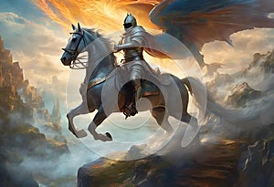 AI generated illustration of a knight on horse with sword and helmet riding through clouds