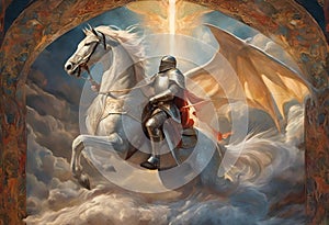 AI generated illustration of a knight on horse with sword and helmet riding through clouds