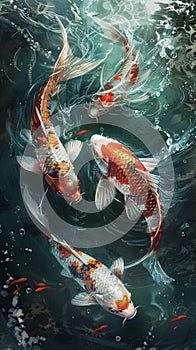 Ai Generated illustration koi fish swimming in a pond photo