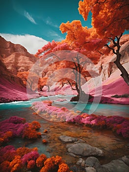 AI generated illustration of a landscape featuring a river surrounded by vibrant trees