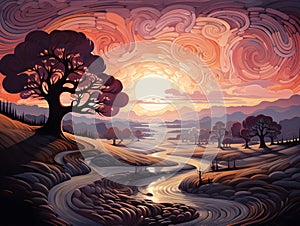 AI generated illustration of  landscape with a river and trees at sunset - Vortex of Unreality