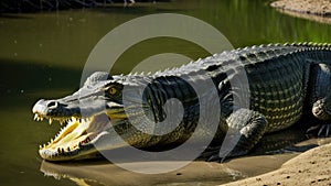 AI generated illustration of a large alligator on the riverbank with its mouth open wide
