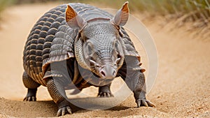 AI generated illustration of a large armadillo ambling across a sandy landscape