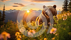 AI generated illustration of a large, brown bear meandering through a verdant meadow