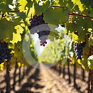 AI-generated illustration of A large cluster of grapes hanging from a vine in the bright sunlight