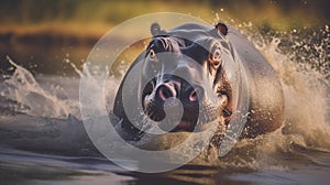 AI generated illustration of A large hippopotamus submerging its head in a tranquil river