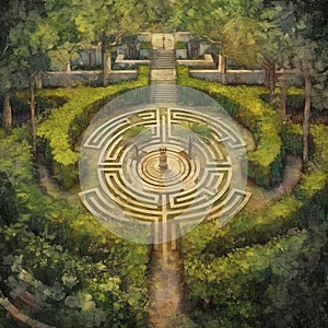 AI-generated illustration of a large, round maze on lush green grass surrounded by tall trees