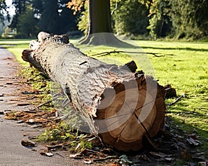 AI generated illustration of a large tree trunk on the ground, surrounded by lush green grass