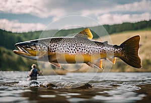 AI generated illustration of a large trout leaping out of the surface of a tranquil lake