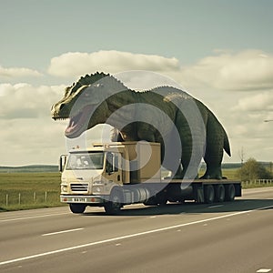 AI generated illustration of a large truck with a dinosaur securely mounted in the cargo area