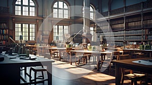 AI-generated illustration of a large, well-stocked library with numerous tables and chairs