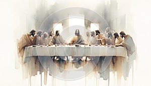 The Last Supper. Jesus Christ. Watercolor Biblical Illustration photo